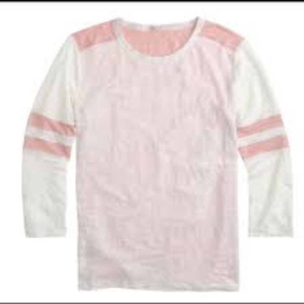 J Crew Linen Baseball Tee, pink and white